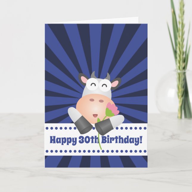 Carte Drôle vache caricaturale avec fleur Joyeux 30e ann (Devant)