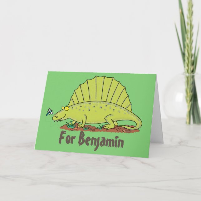 Carte Drôle vert dimetrodon dessin animé dinosaure anniv (Devant)