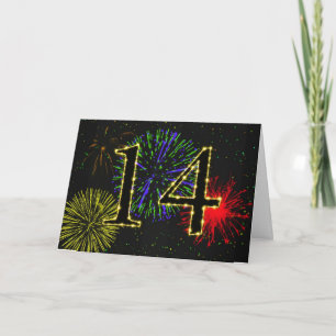 Carte du 14e anniversaire avec feux d'artifice