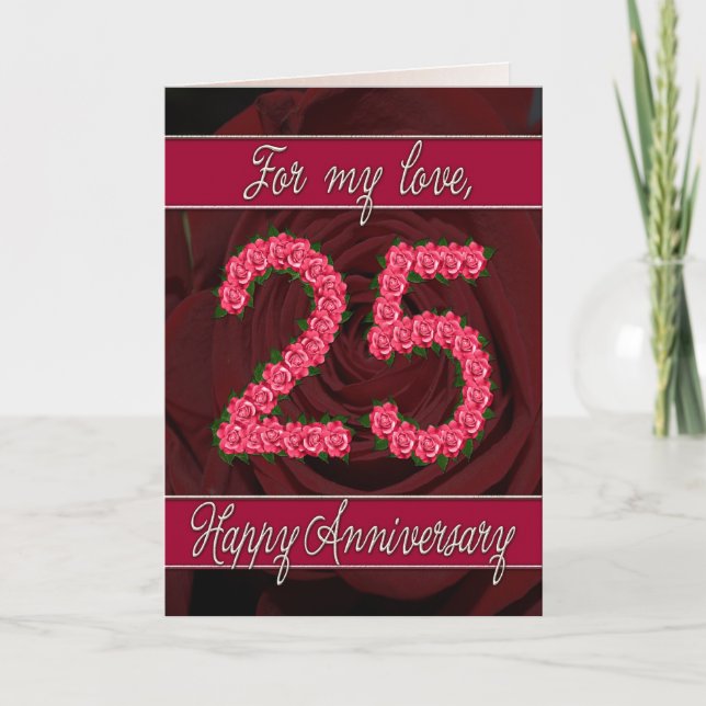 Carte du 25e anniversaire avec rose et feuille (Devant)