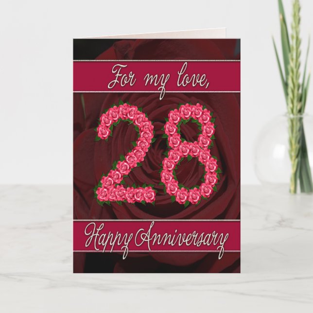 Carte du 28e anniversaire avec rose et feuille (Devant)