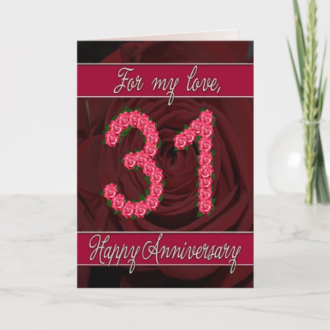 Carte du 31e anniversaire avec roses et feuilles (Devant)