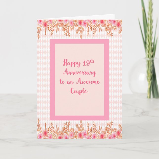 Carte du 49e anniversaire en rose avec frontières  (Devant)