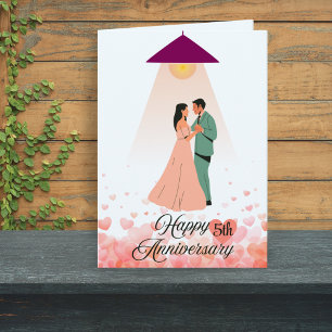 Carte du 5e anniversaire avec couple et coeur dans