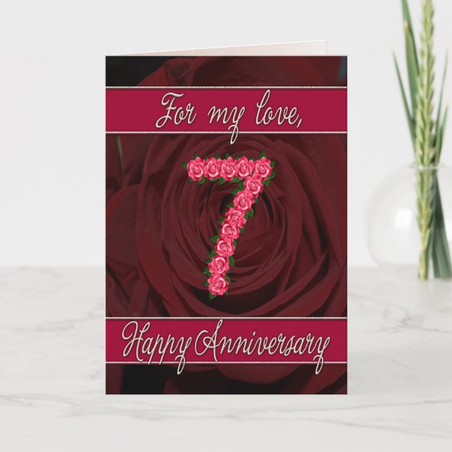 carte du 7ème anniversaire avec roses et feuilles (Devant)