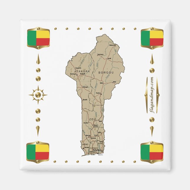 Carte du Bénin + drapeaux Magnet (Devant)