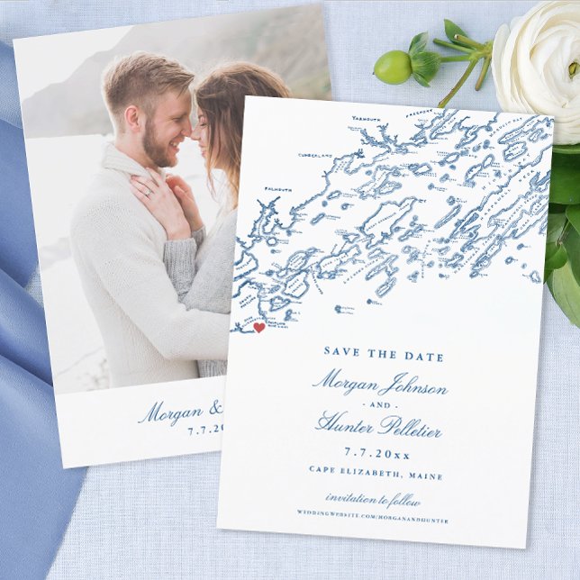 Carte du Cap Elizabeth Maine Mariage élégant (Elegant Cape Elizabeth Photo Save the date with free addressing from Coastal Map Designs)