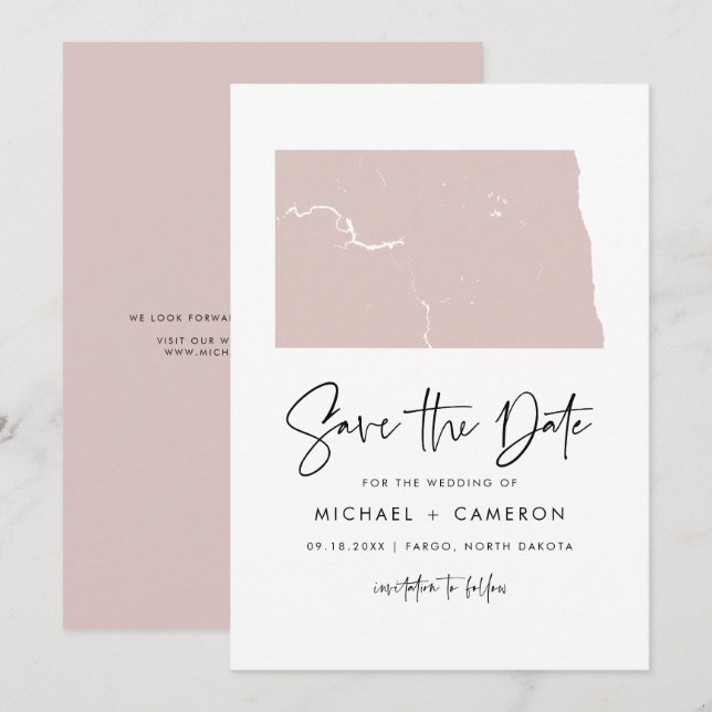 Carte du Dakota du Nord rose pâle Script minimal (Devant / Derrière)