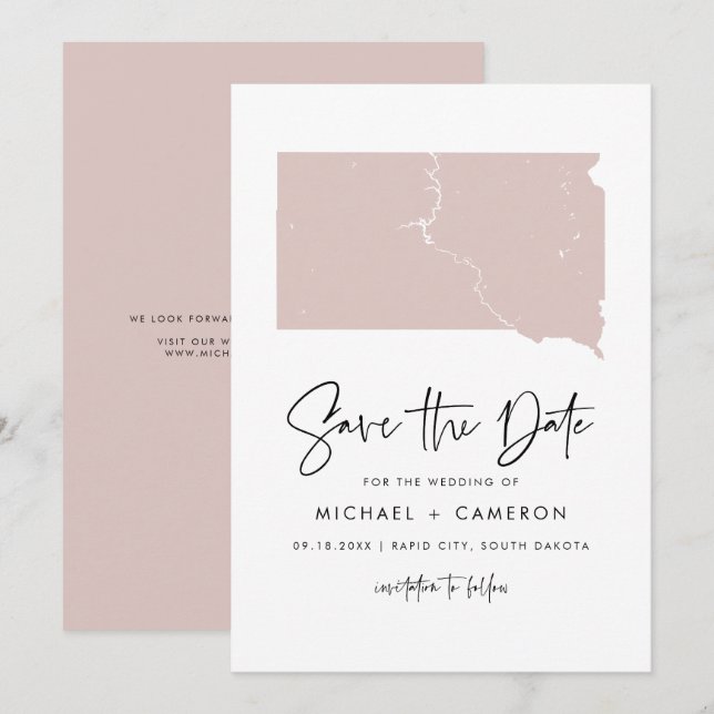 Carte du Dakota du Sud Rose et bleu Script manuscr (Devant / Derrière)