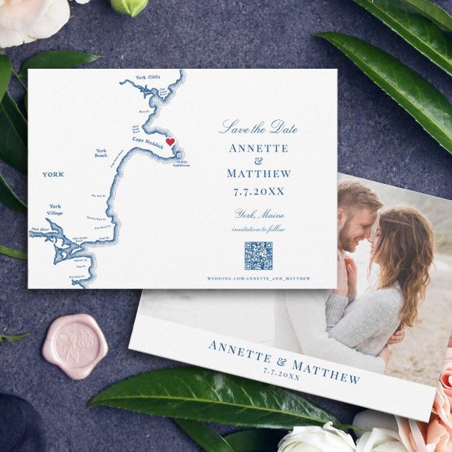 Carte du Maine de York Marine Destination Mariage (These QR code Maine map Save the Dates are perfect for your York, Maine Destination wedding)