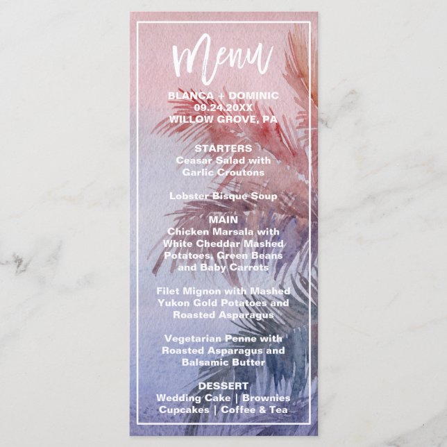 Carte du menu du dîner du coucher de soleil tropic (Devant)
