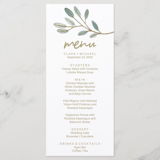 Carte du menu du dîner Gold Veiné Eucalyptus (Devant)