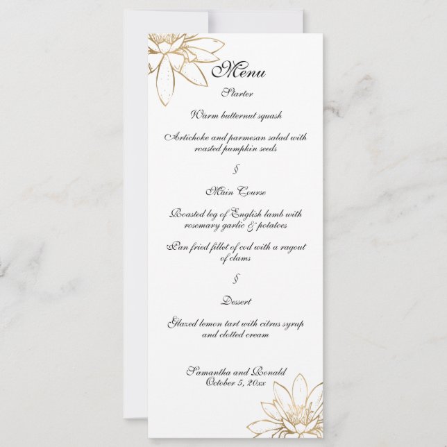 Carte du menu du dîner mariage blanc, noir et or (Devant)