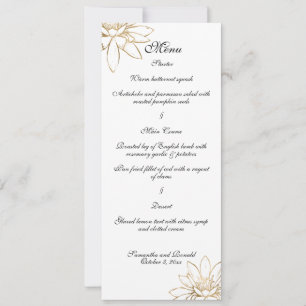 Carte du menu du dîner mariage blanc, noir et or