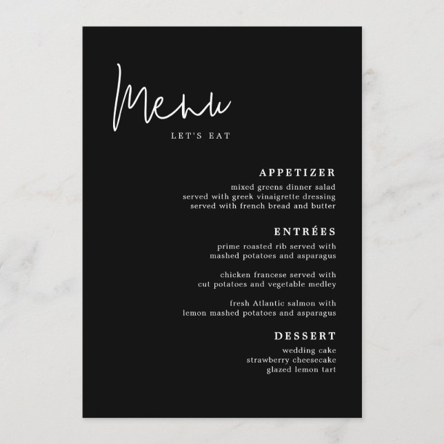 Carte du menu du Mariage noir moderne Menu plat (Devant)