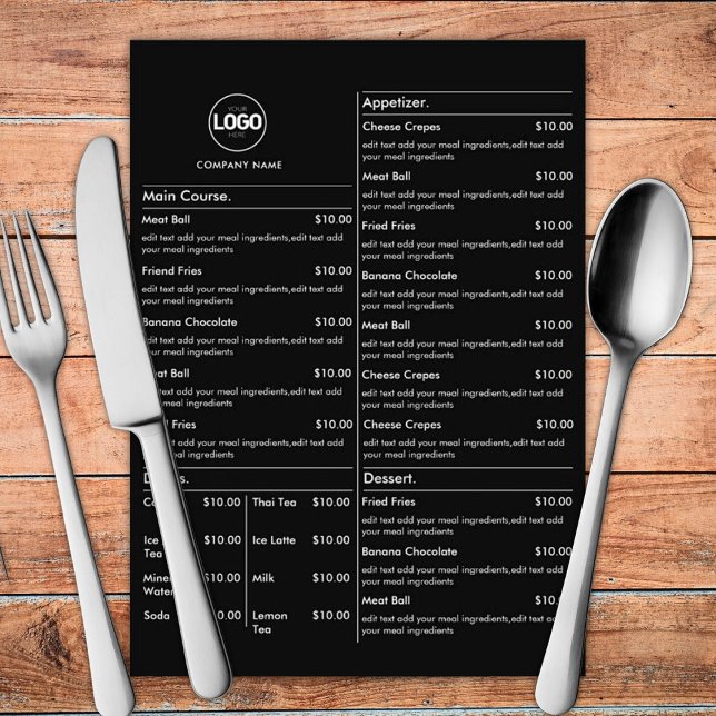 Carte du menu du restaurant noir Menu plat (Créateur téléchargé)