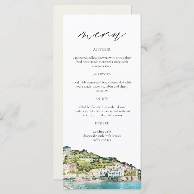 Carte du menu Mariage AMALFI CAST Watercolor (Devant / Derrière)