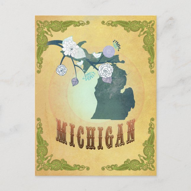 Carte Du Michigan Avec De Beaux Oiseaux (Devant)