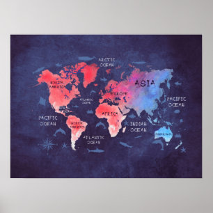 carte du monde affiche rouge bleu