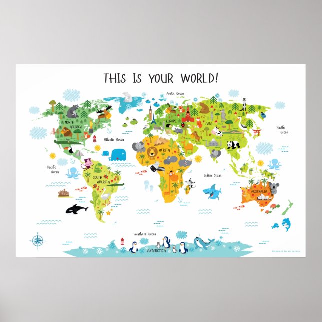 Carte du monde animal pour enfants Poster Playroom (Devant)