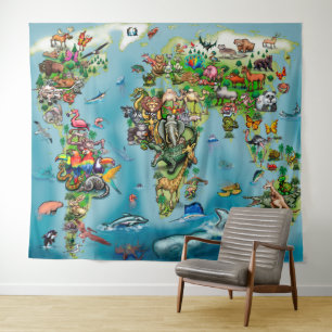 Carte du monde Animaux Tapisserie