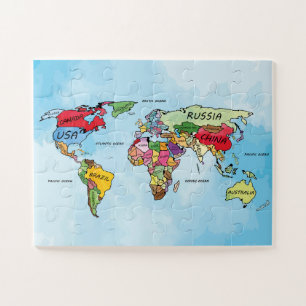 Carte du monde aquarelle illustration puzzle puzzl