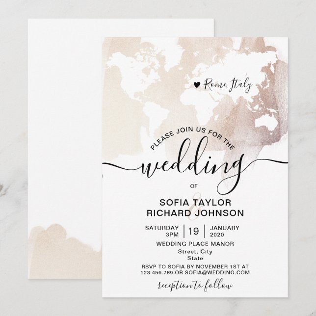 Carte du monde aquarelle pour mariage simple à des (Devant / Derrière)