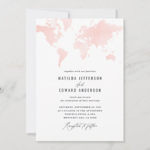 Carte du monde aquarelle rose mariage voyage