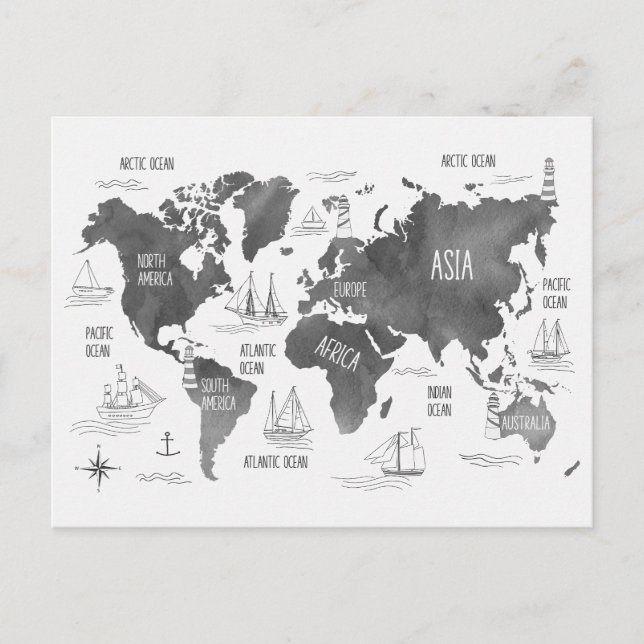 Carte du monde Art noir blanc Nautique (Devant)