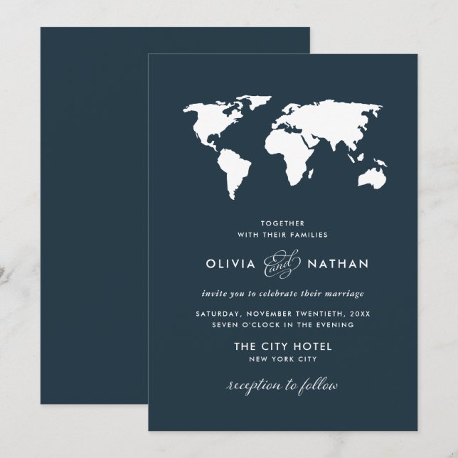 Carte du monde bleu foncé | Élégant Mariage de thè (Devant / Derrière)