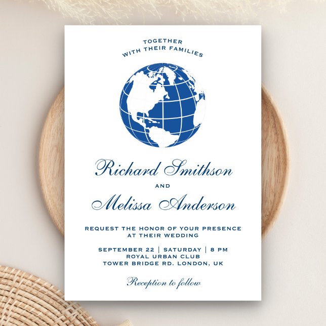 Carte du monde bleu moderne Faire-part de mariage (Créateur téléchargé)