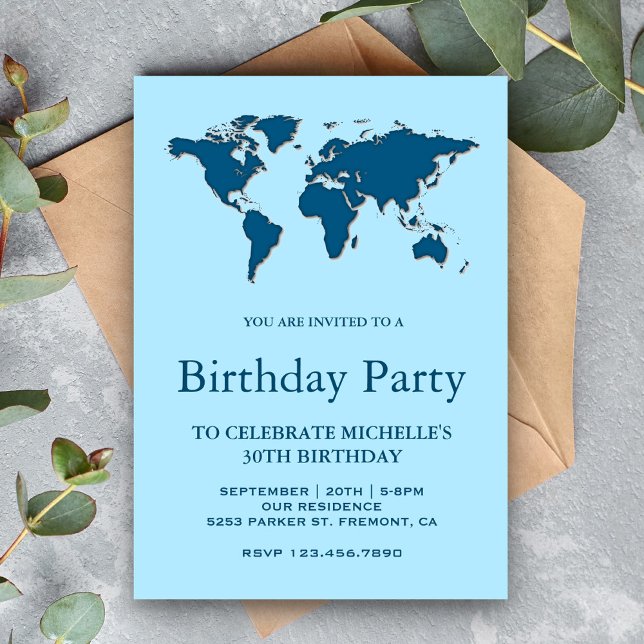 Carte du monde bleu moderne fête d'anniversaire (Créateur téléchargé)