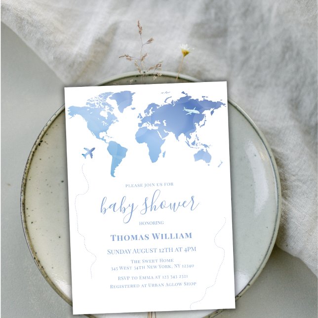 Carte du monde bleu Travel Adventure Boy Baby show (Blue World Map Travel Adventure Boy Baby Shower Invitation)