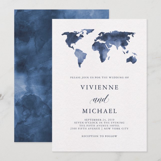 Carte du monde Blue Watercolor | MARIAGE (Devant / Derrière)