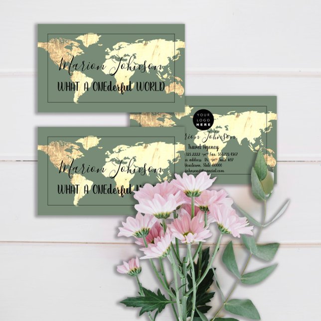 Carte du monde Carte du monde Agence de Voyage Gol (World Map Globe Map Travel Agency Gold Green Frame Business Card)