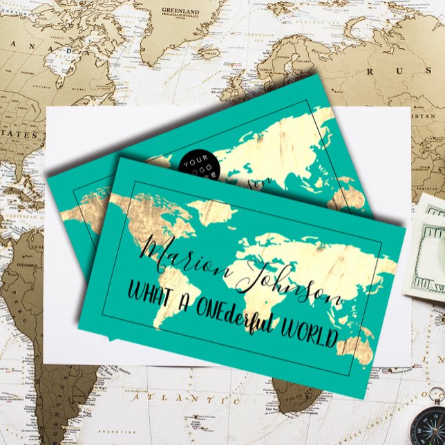 Carte du monde Carte Globe Agence de Voyage Gold T (World Map Globe Map Travel Agency Gold Teal Blue Business Card)