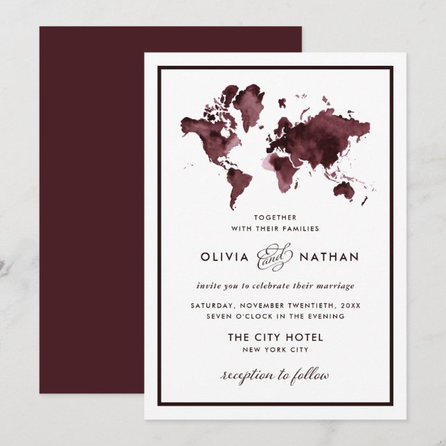 Carte du monde de Bourgogne | Élégant Mariage de t (Devant / Derrière)