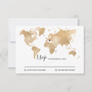 Carte du monde de destination de mariage or coeur 