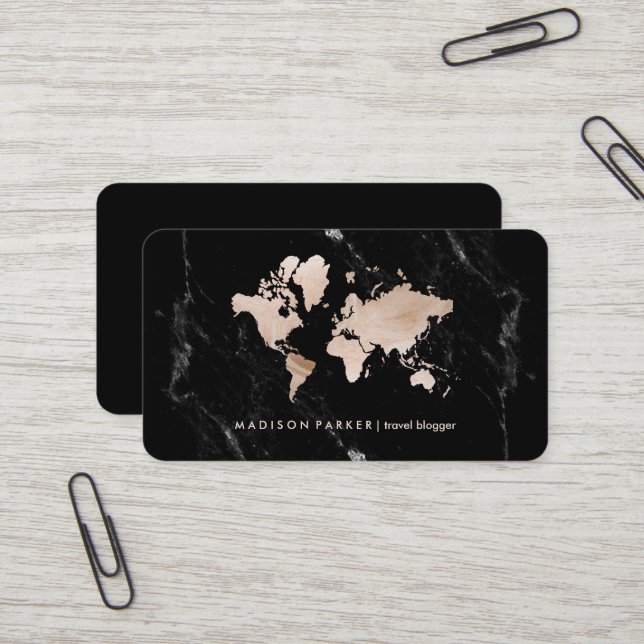 Carte du monde de Faux Light Gold en marbre noir (Devant/Arrière en situation)