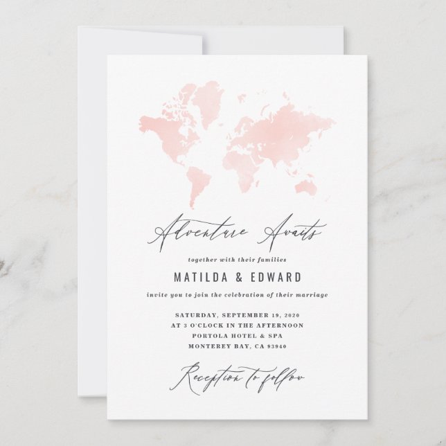 Carte du monde de l'aquarelle rose Voyage mariage (Devant)