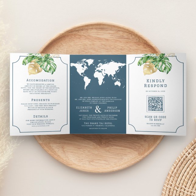 Carte du monde de mariage de feuilles tropicales p (Créateur téléchargé)