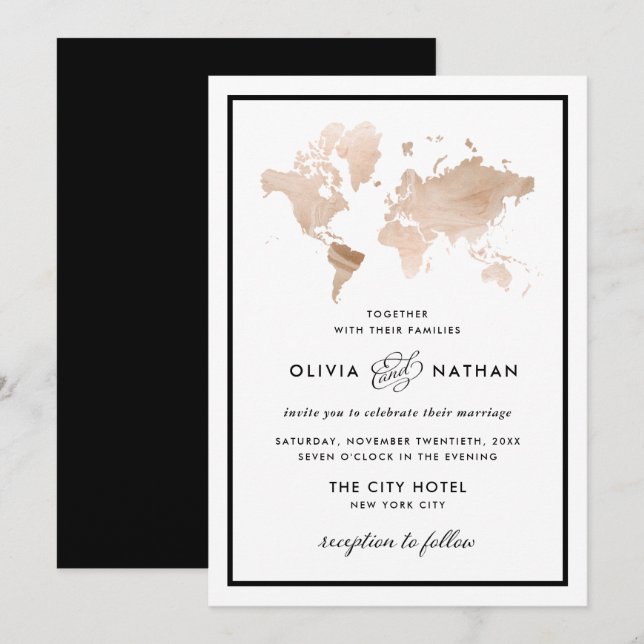 Carte du monde | Élégant Mariage de thème de voyag (Devant / Derrière)