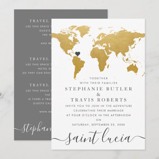 Carte du monde élégante or et gris mariage à l'étr (Devant / Derrière)