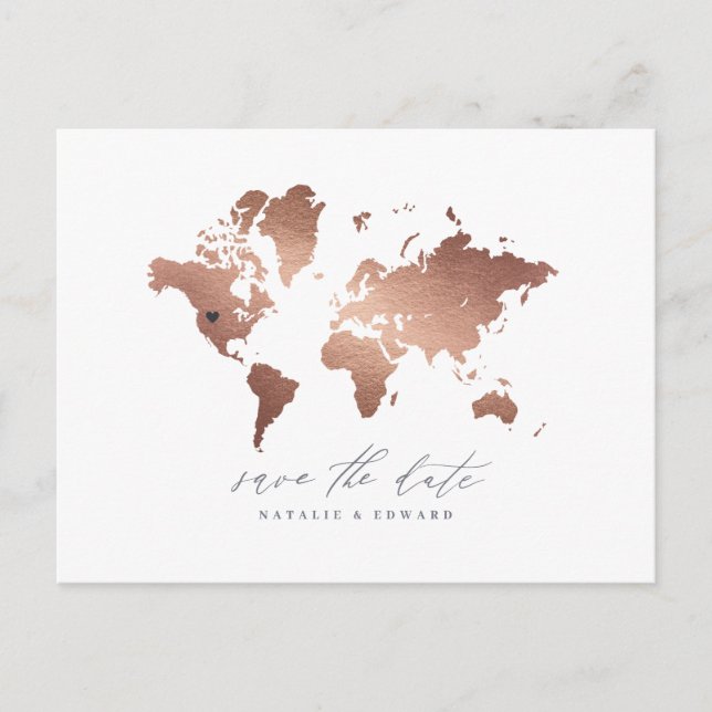 Carte du monde métallique or rose faire-part maria (Devant)