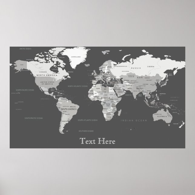 Carte du monde noir et blanc Affiches et impressio (Devant)