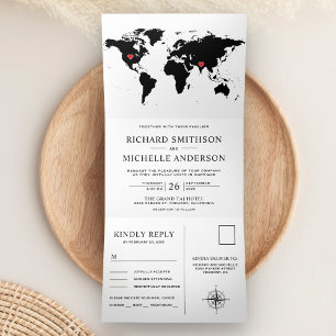 Carte du monde noir et blanc, invitation de mariag