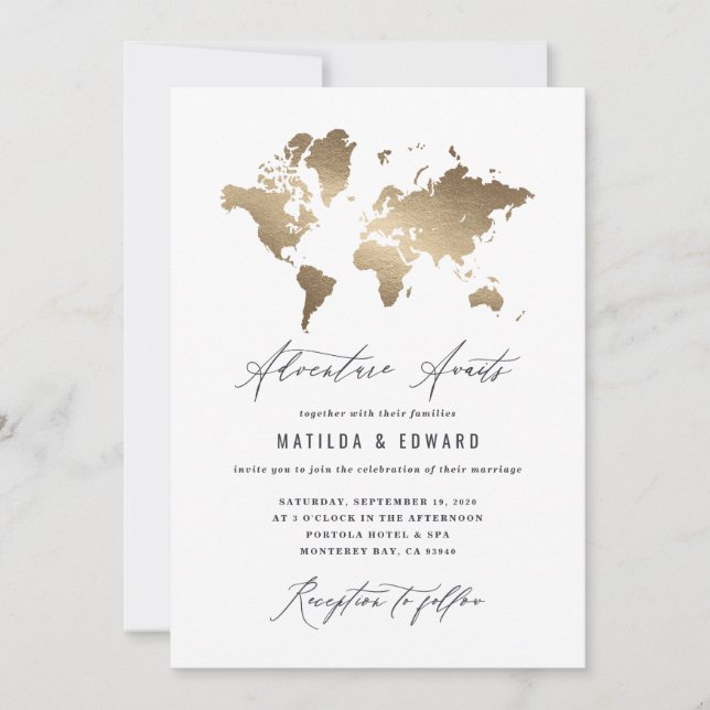 Carte du monde or métallique mariage de voyage (Devant)