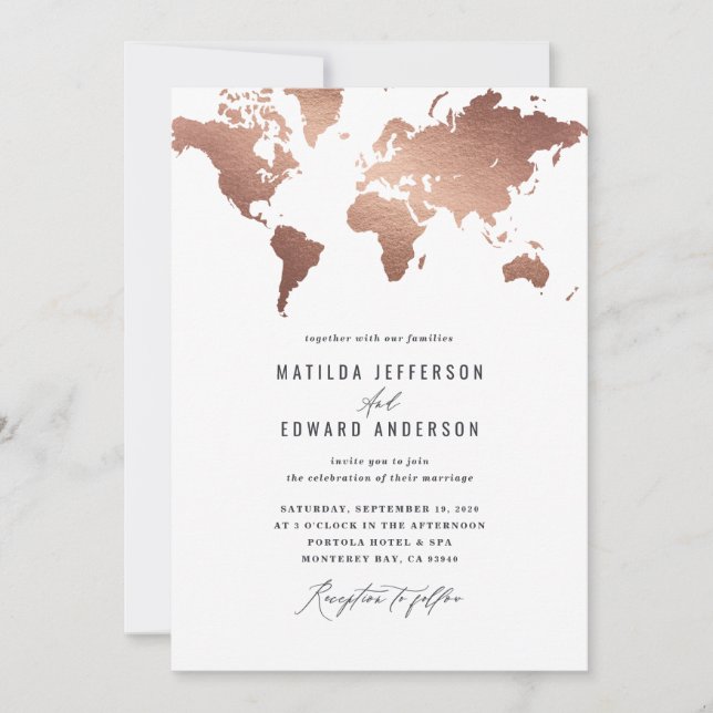 Carte du monde or rose métal Voyage mariage (Devant)