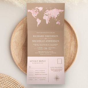 Carte du monde rose beige Mariage Tout en Un