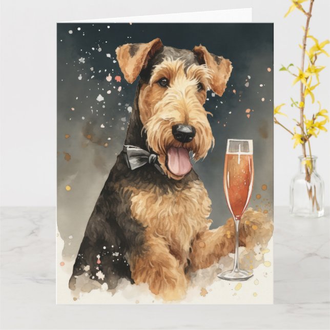 Carte du Nouvel An Airedale Terrier (Fleur jaune)
